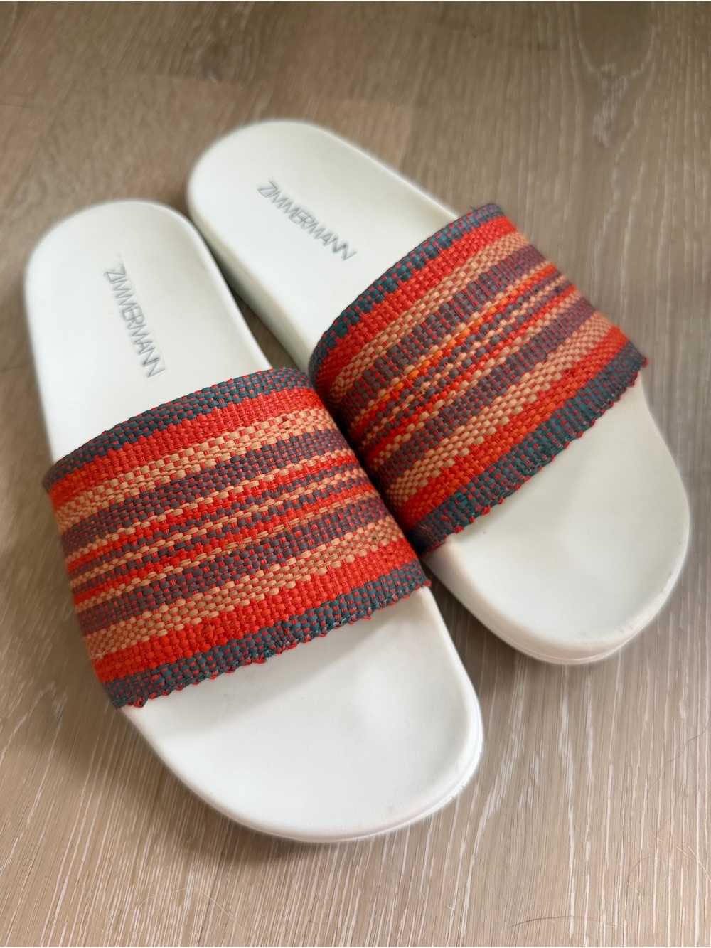 Zimmermann Beach Stripe Woven Raffia Pool Slides Red and Orange Sandals Women 40